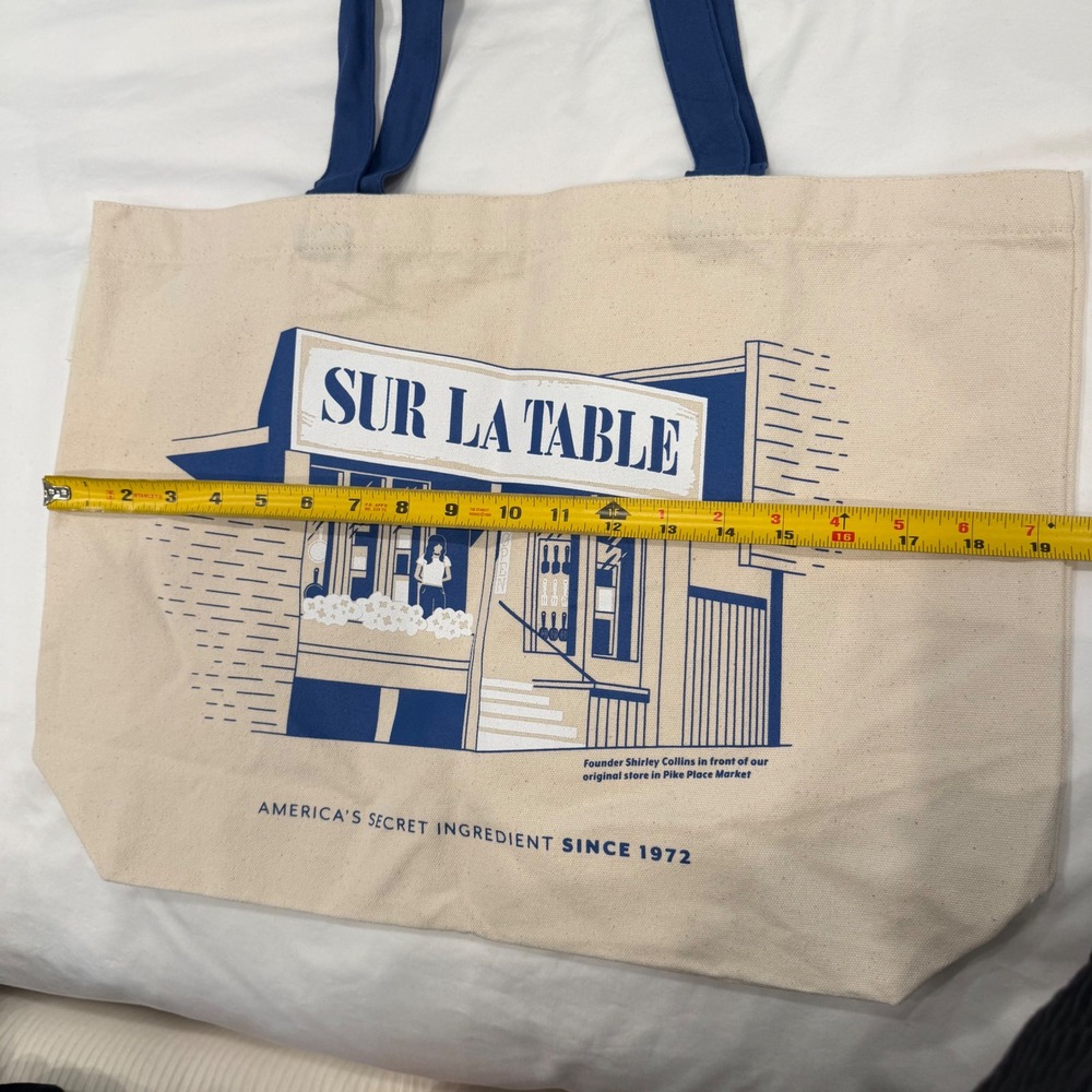 Sur La Table Shopper Tote Canvas Bag Pike Place Market Cream Blue NWT - Picture 4 of 11